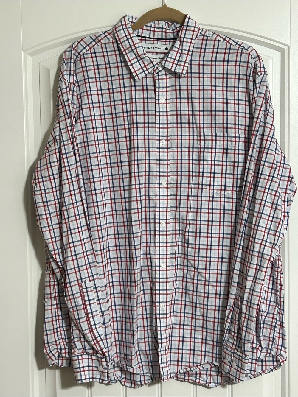 Amazon Essentials Men’s White Button-Down Shirt with Red & Blue Plaid